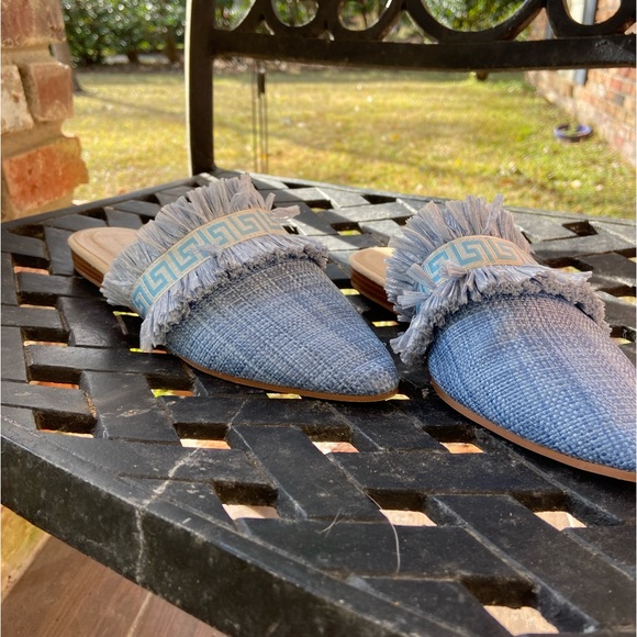 Michelle McDowell Blue Greek Key Raffia Mules — Size 7 - Picture 4 of 13